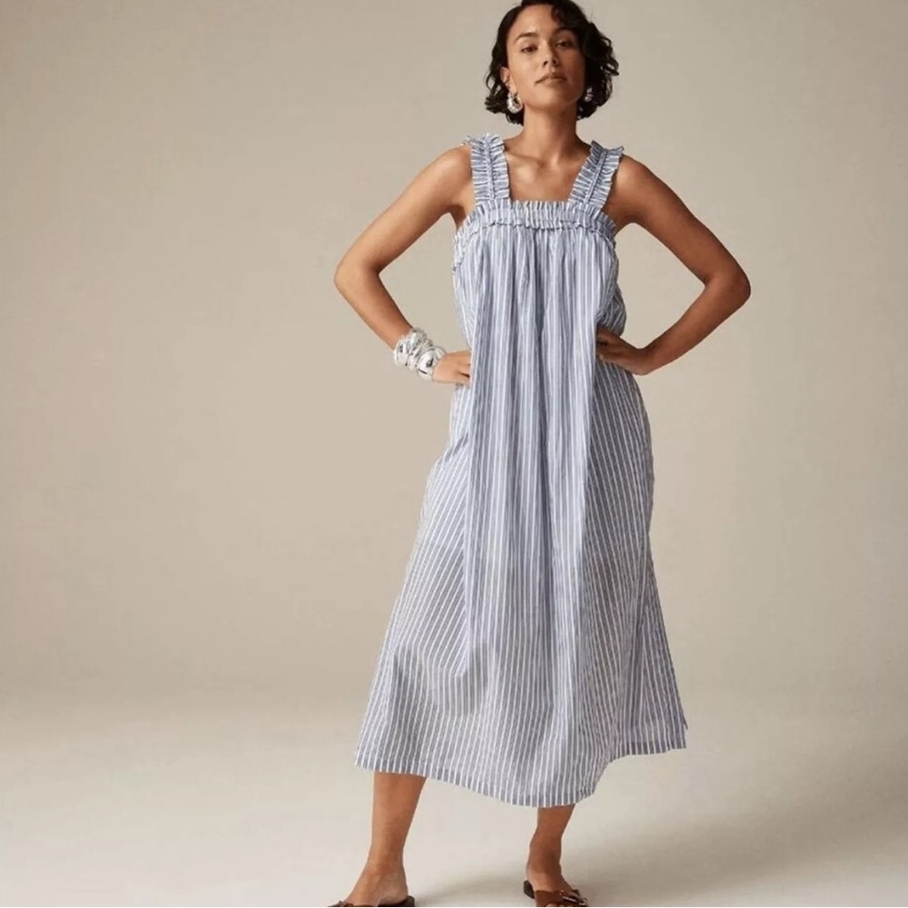 J.Crew Striped Ruffled Midi Dress XL Boho Coastal Vacation Cottagecore Nautical